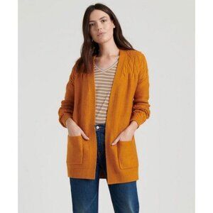Lucky Brand Venice Sweater Open Cardigan Mustard Yellow Cable Knit Sz S